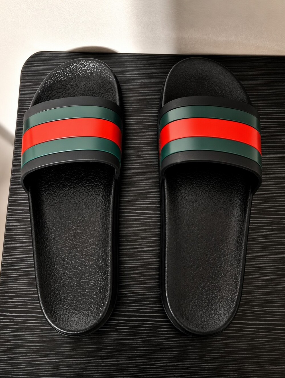 Gucci Black Slides with Red and Green Stripe